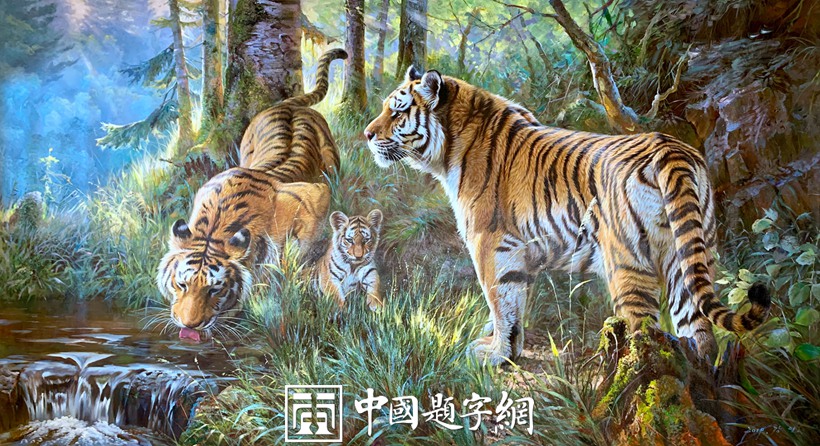 最高の品質 朝鮮の一級画家 水墨画 水彩 とら 3匹の老虎 238X95cm aob